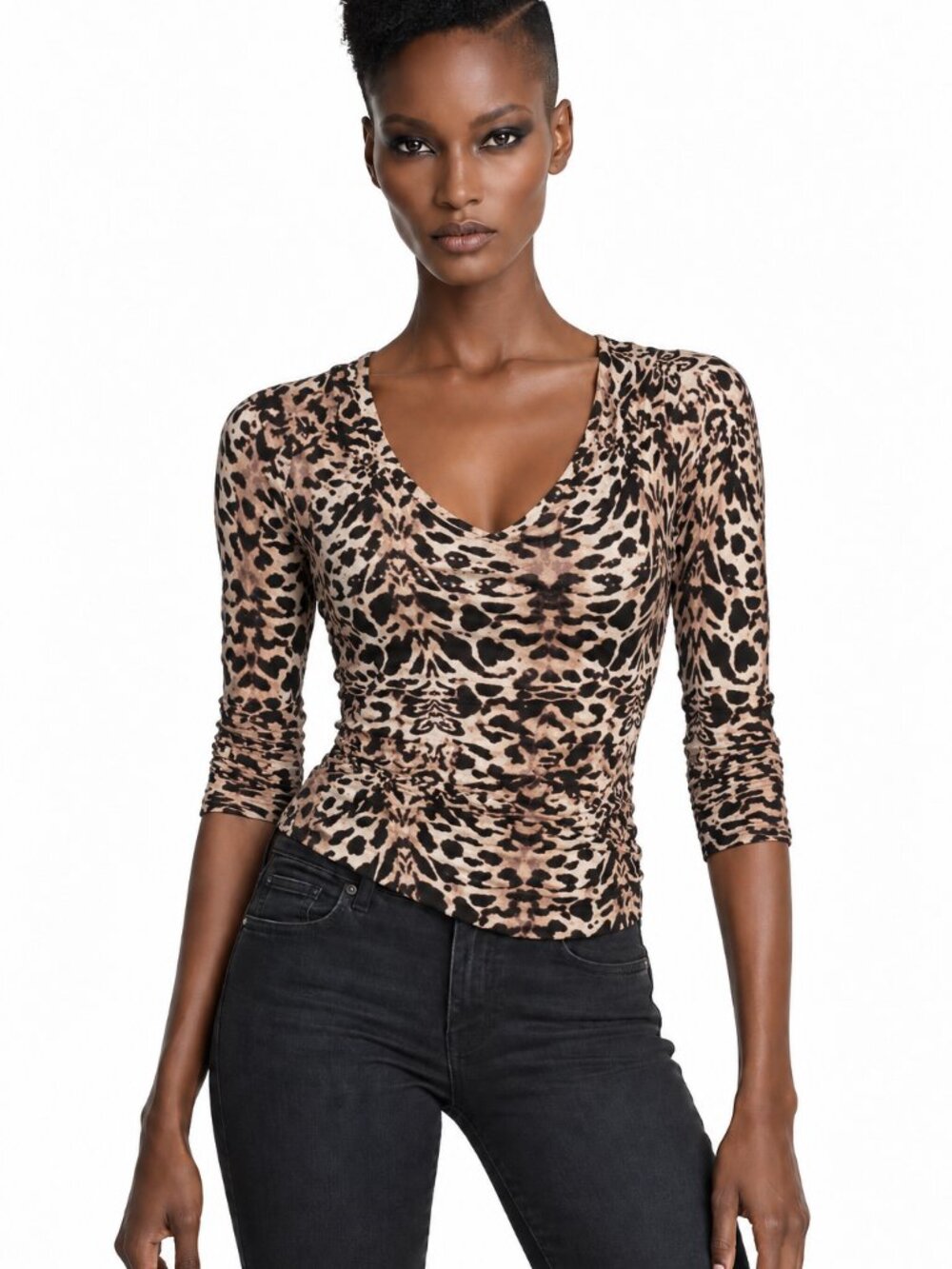 Bebe Women’s “Babe” Animal-Print Ruched Top Size S